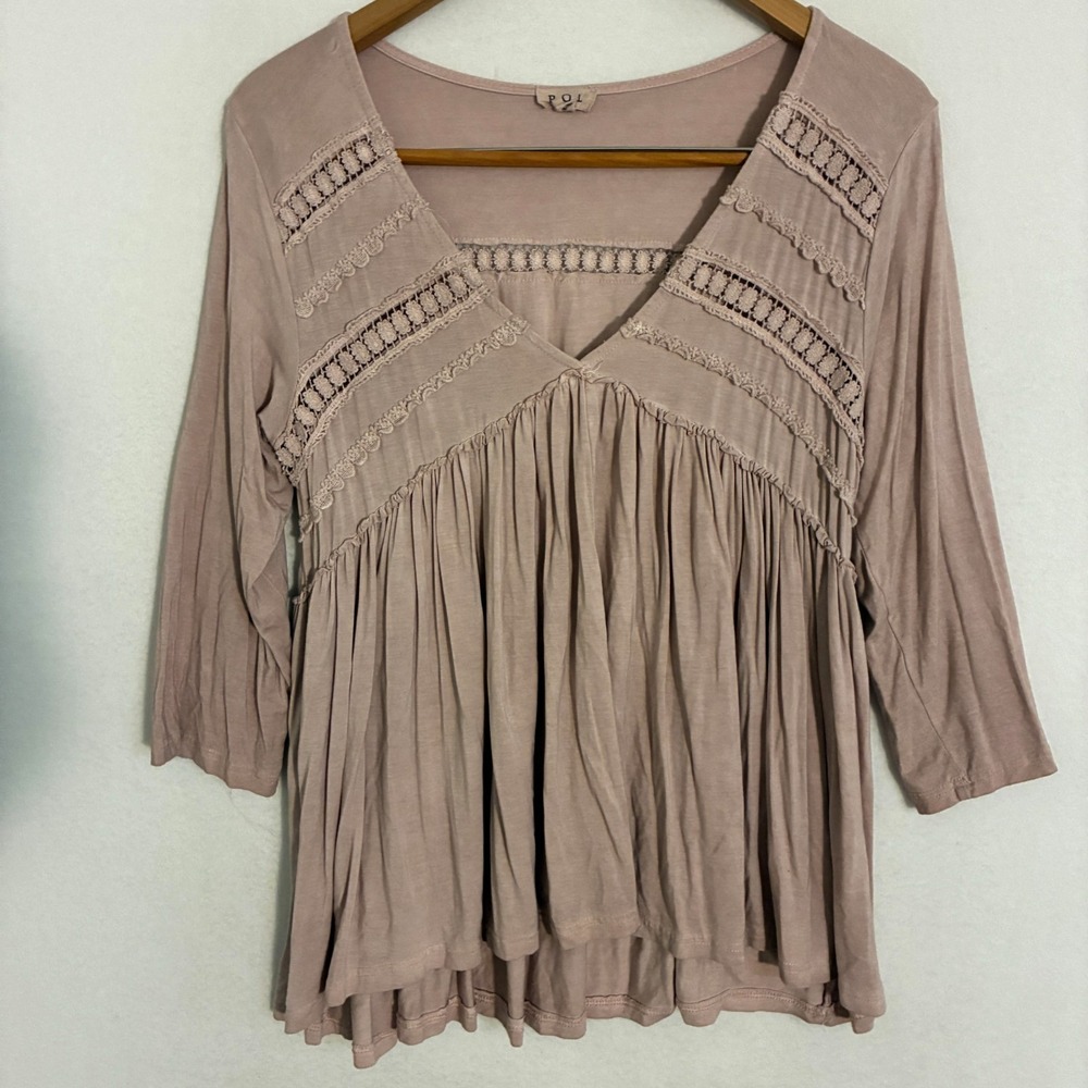 POL Clothing Babydoll Tunic Top Women Size S Mauve Pleated Crochet Boho Festival